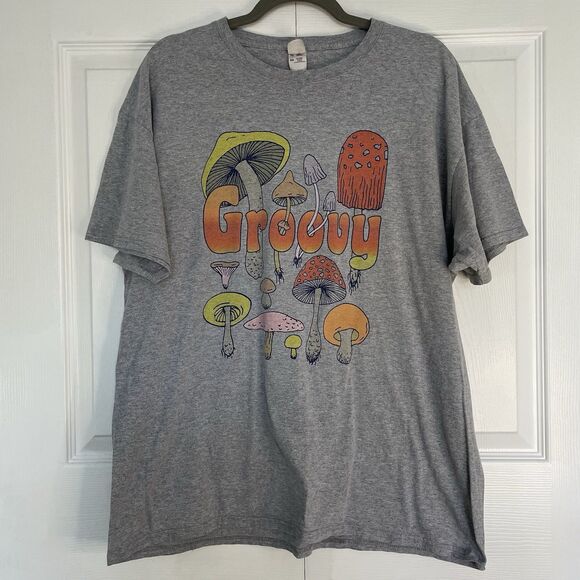 Vtg Fruit of the Loom Groovy Mushroom Graphic T-Shirt Heather Gray Men’s Size XL - Picture 1 of 6